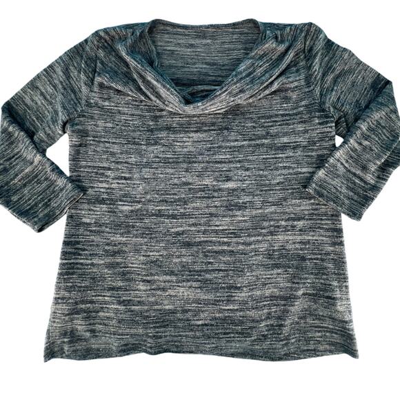 Heathered Split Back Knit Top Cowl Neck 3/4 Sleeve Blue Gray - Picture 6 of 16